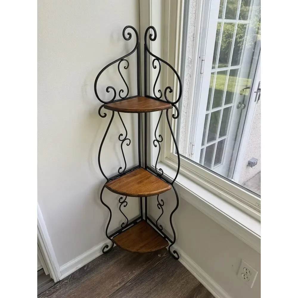 Vintage 3 Tier Folding Corner Shelf Wrought Iron Wood Etagere Plant Stand 48